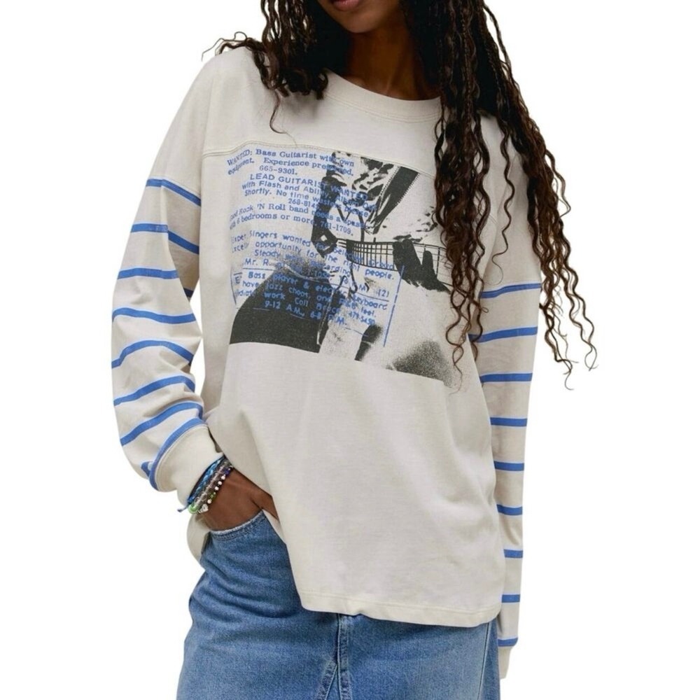 Daydreamer Bassist Wanted Varsity Blue Striped Long Sleeve Tee‎ Shirt SZ L